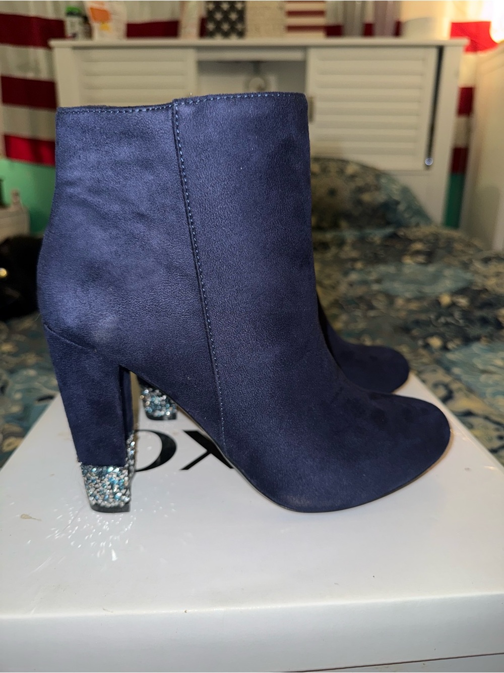 XOXO Navy Suede-Look Ankle Boots with Glitter Block Heel